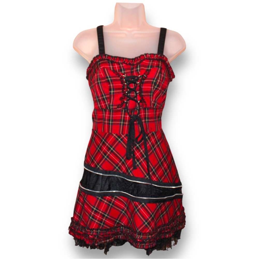 Vintage punk Rock Hell Bunny Red Tartan Dress size L